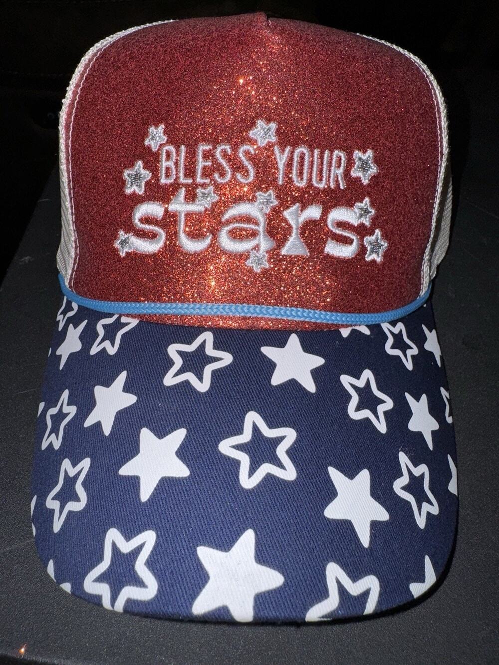 BLESS YOUR STARS Women’s USA Patriot Glitter Trucker Hat America Red White Blue